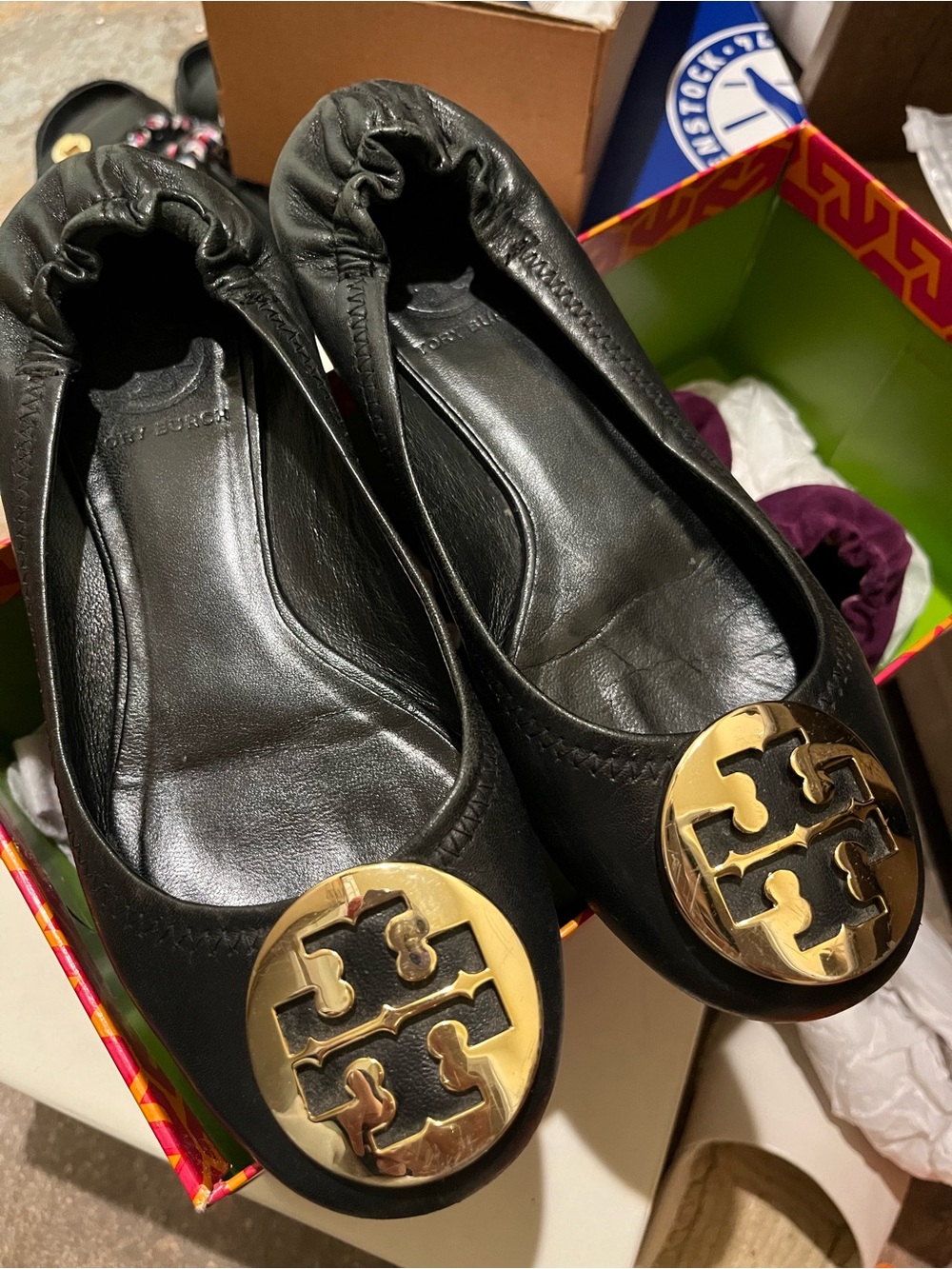 Tory Burch Black Leather Ballet Flats with Gold Logo Discs